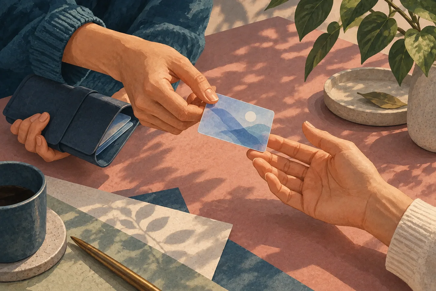 One chosen card passes between people while the other cards stay in a closed folio.